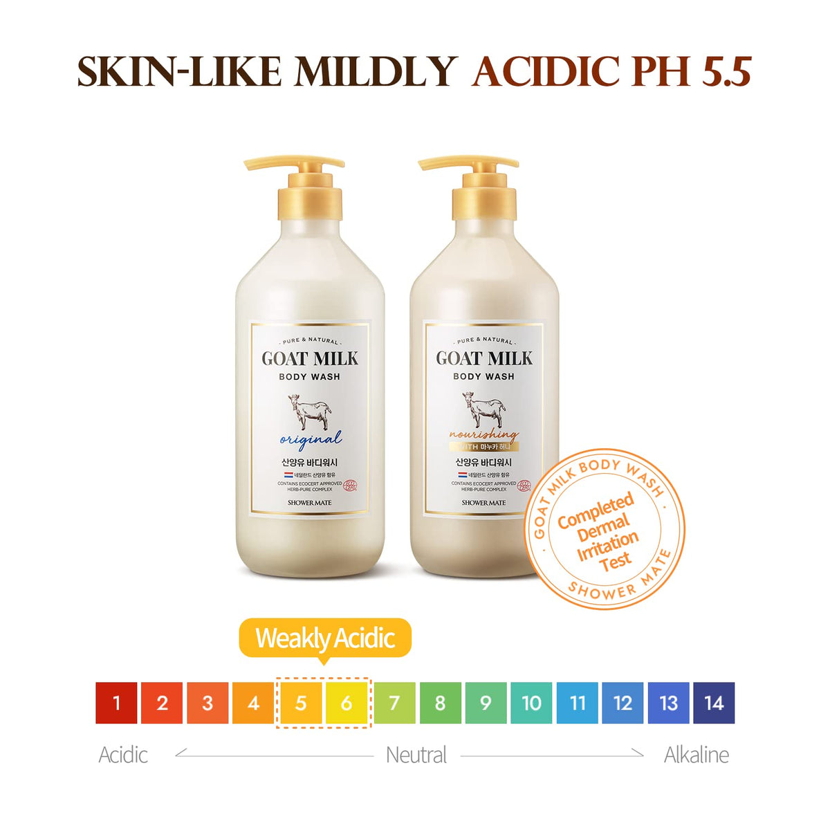 SHOWERMATE bottle beside a hand to show 27 fl oz size for long-lasting use
