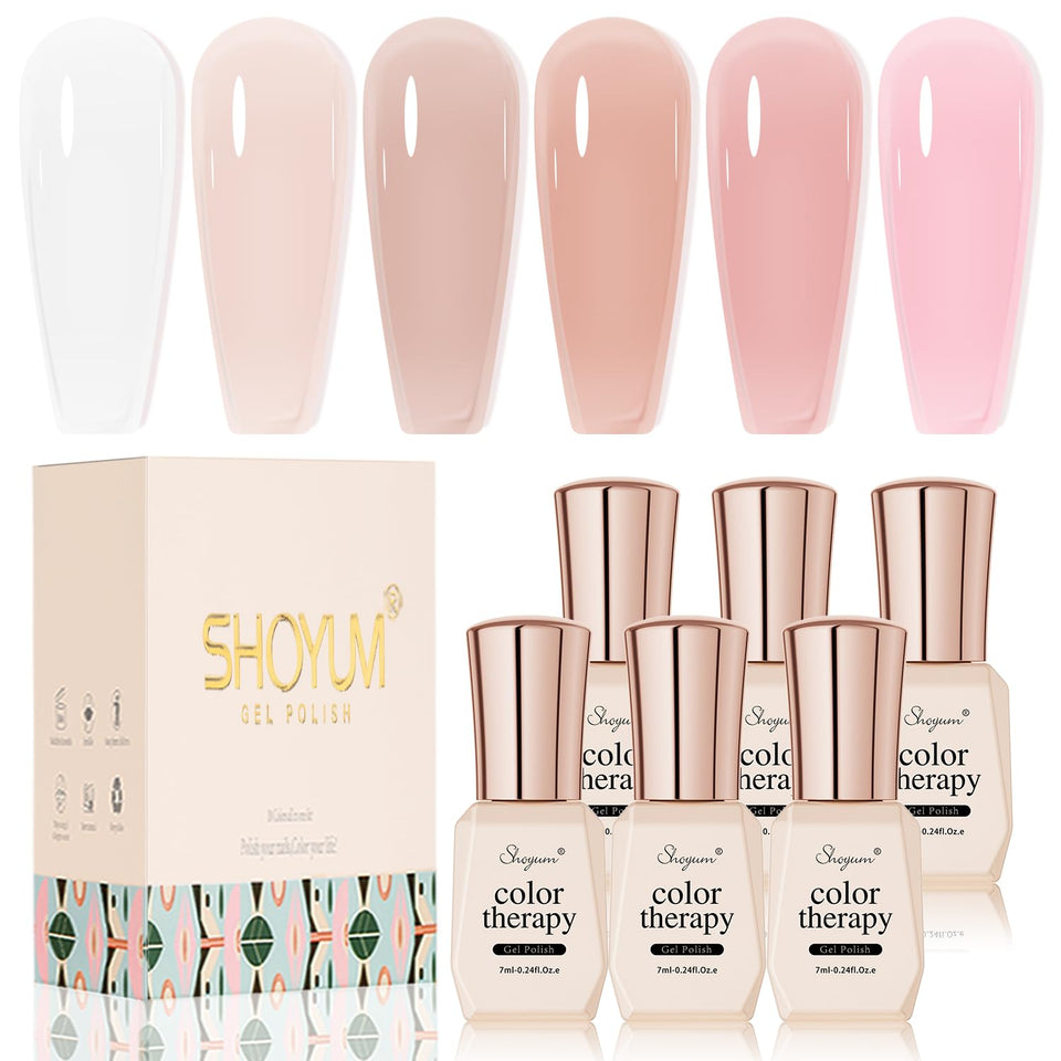 SHOYUM front packaging showing six nude pink gel bottles and gift box benefit: ready-to-gift