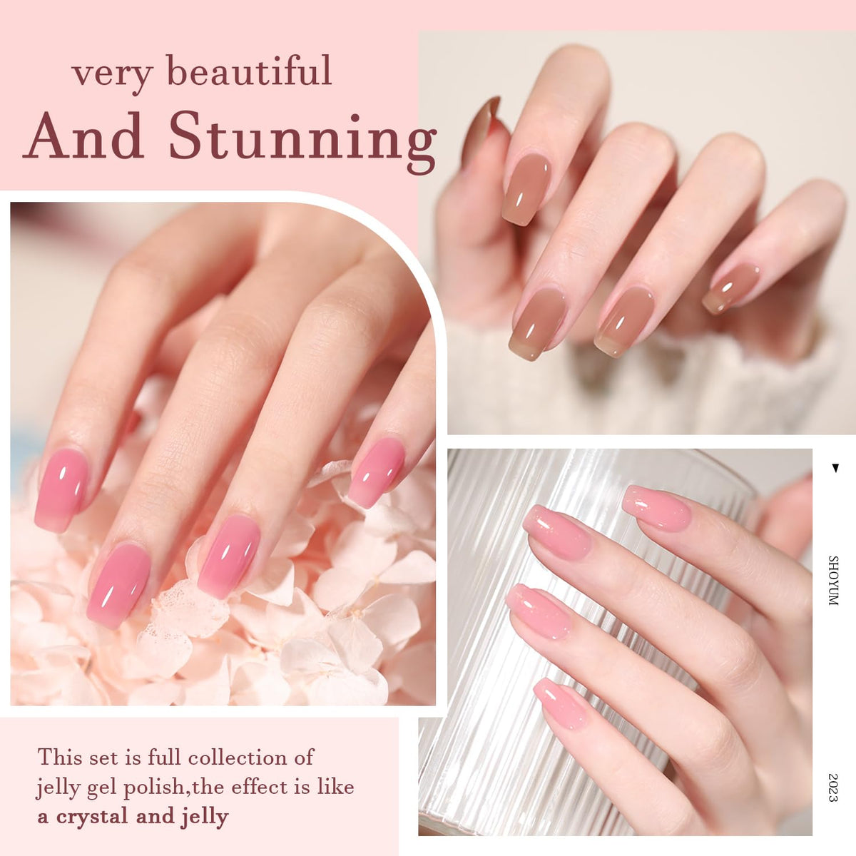 SHOYUM nail fan swatches showing sheer pink color range and layering options