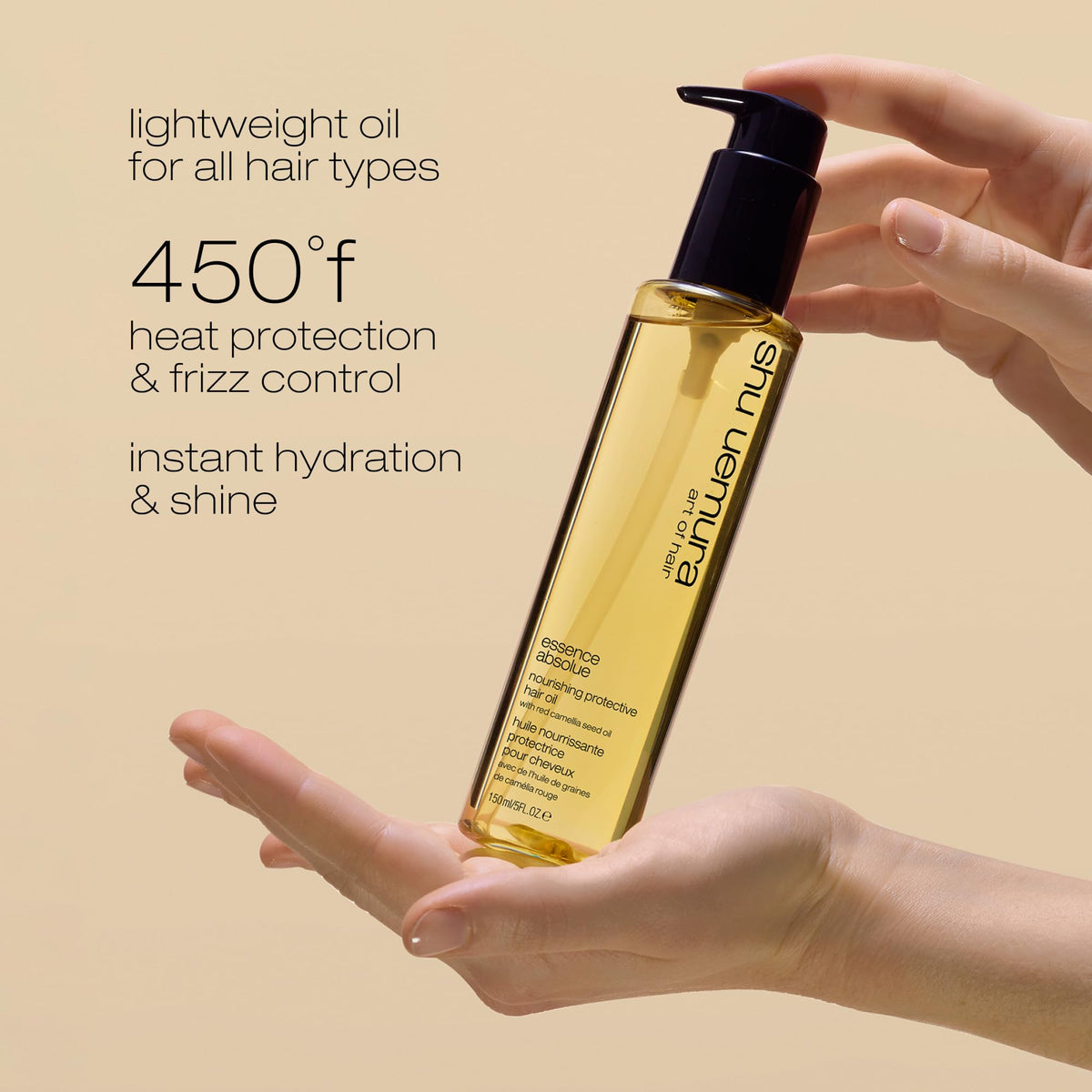 shu uemura application in hand illustrating easy palm distribution and frizz reduction benefit