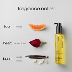 shu uemura art of hair label closeup highlighting red camellia oil ingredient