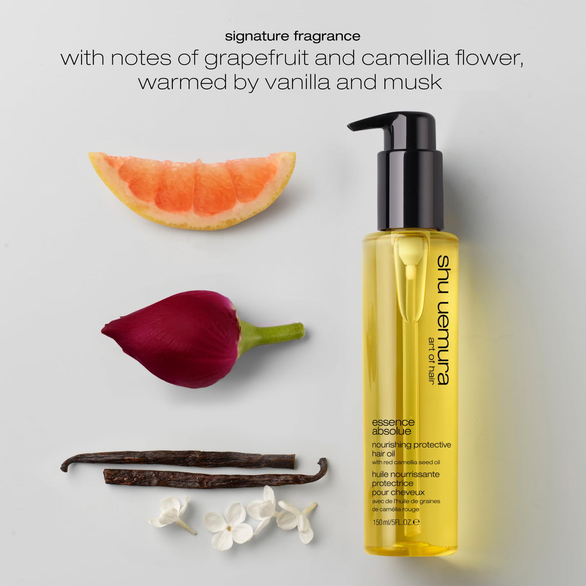 shu uemura size scale bottle next to hand indicating compact travelable 1.69 fl oz convenience