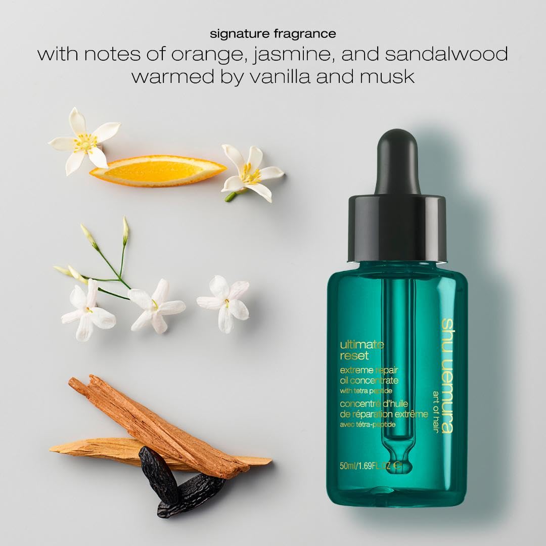 shu uemura oil on bathroom shelf suggesting everyday use and premium styling