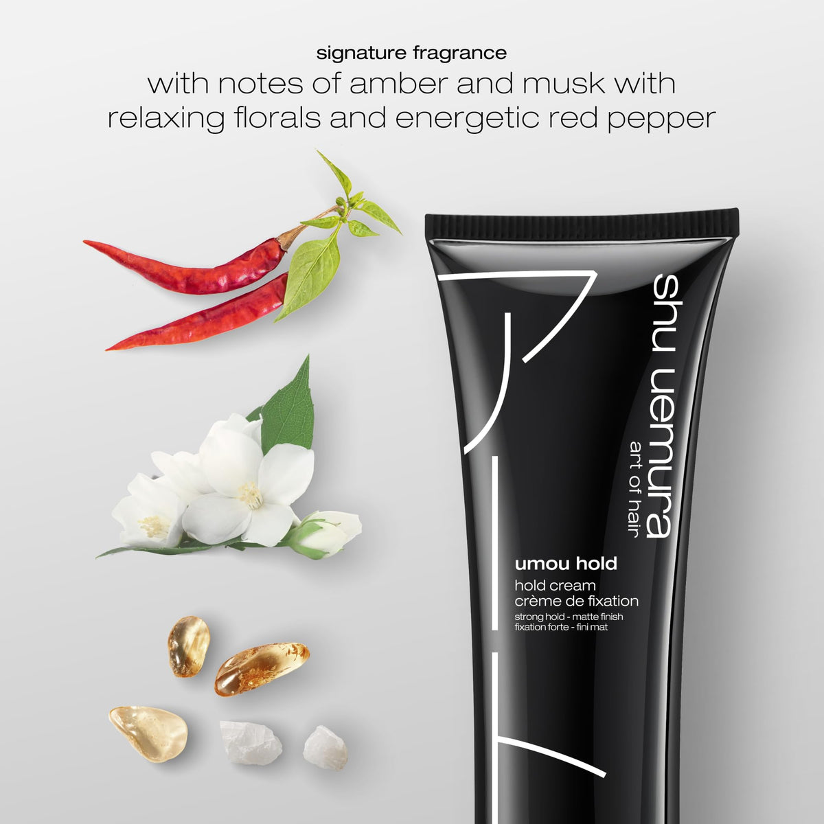 shu uemura art of hair product in hand during styling for controlled finish benefit