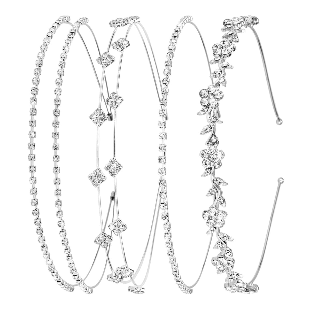 shuielai front view of four silver headbands showcasing set and sparkle