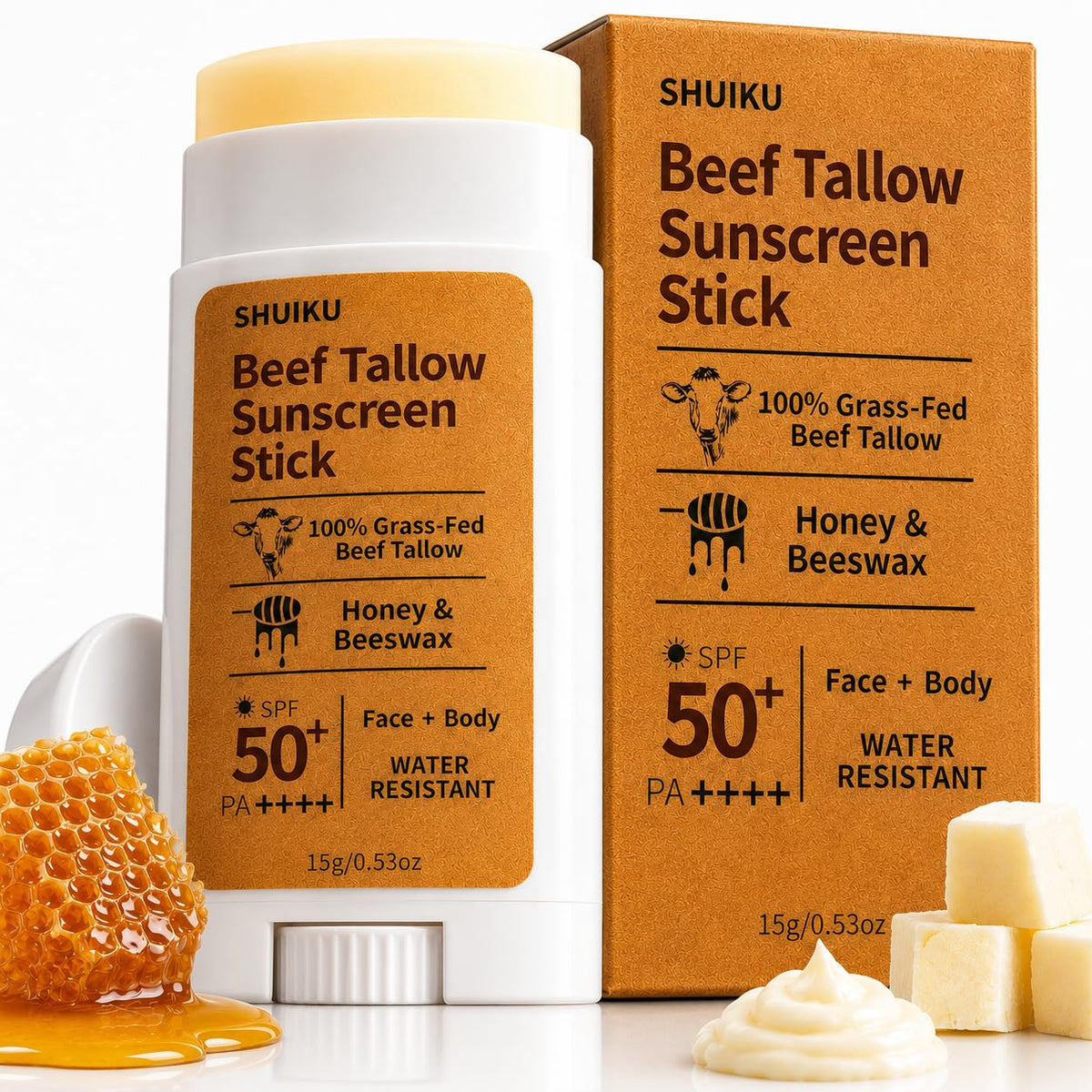 SHUIKU beef tallow sunscreen stick front view showing compact travel-ready design