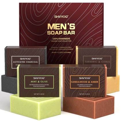 SHVYOG front packaging showing four masculine soap bars and gift-ready presentation