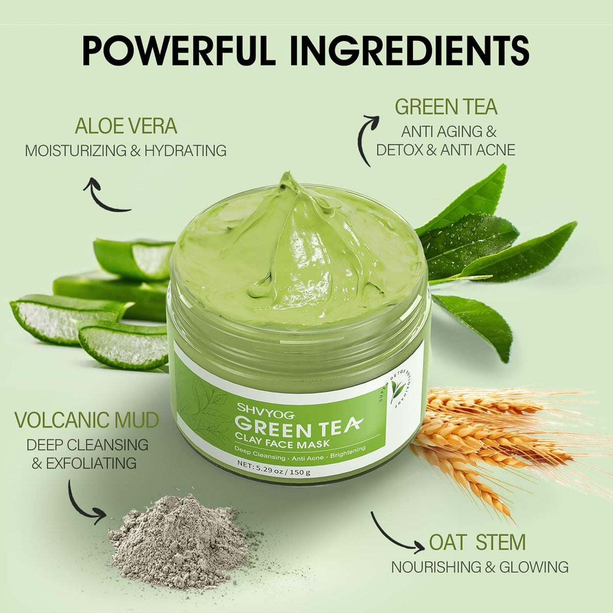 SHVYOG texture close-up revealing smooth green clay for gentle detox