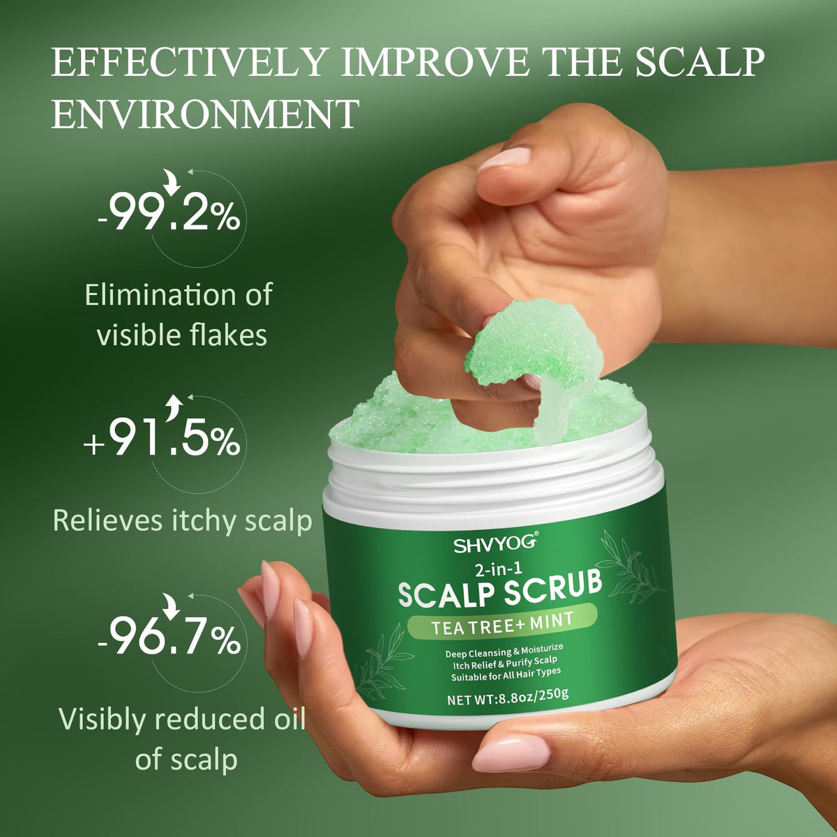 SHVYOG applied to wet hair in hand demonstrating easy application and targeted cleaning