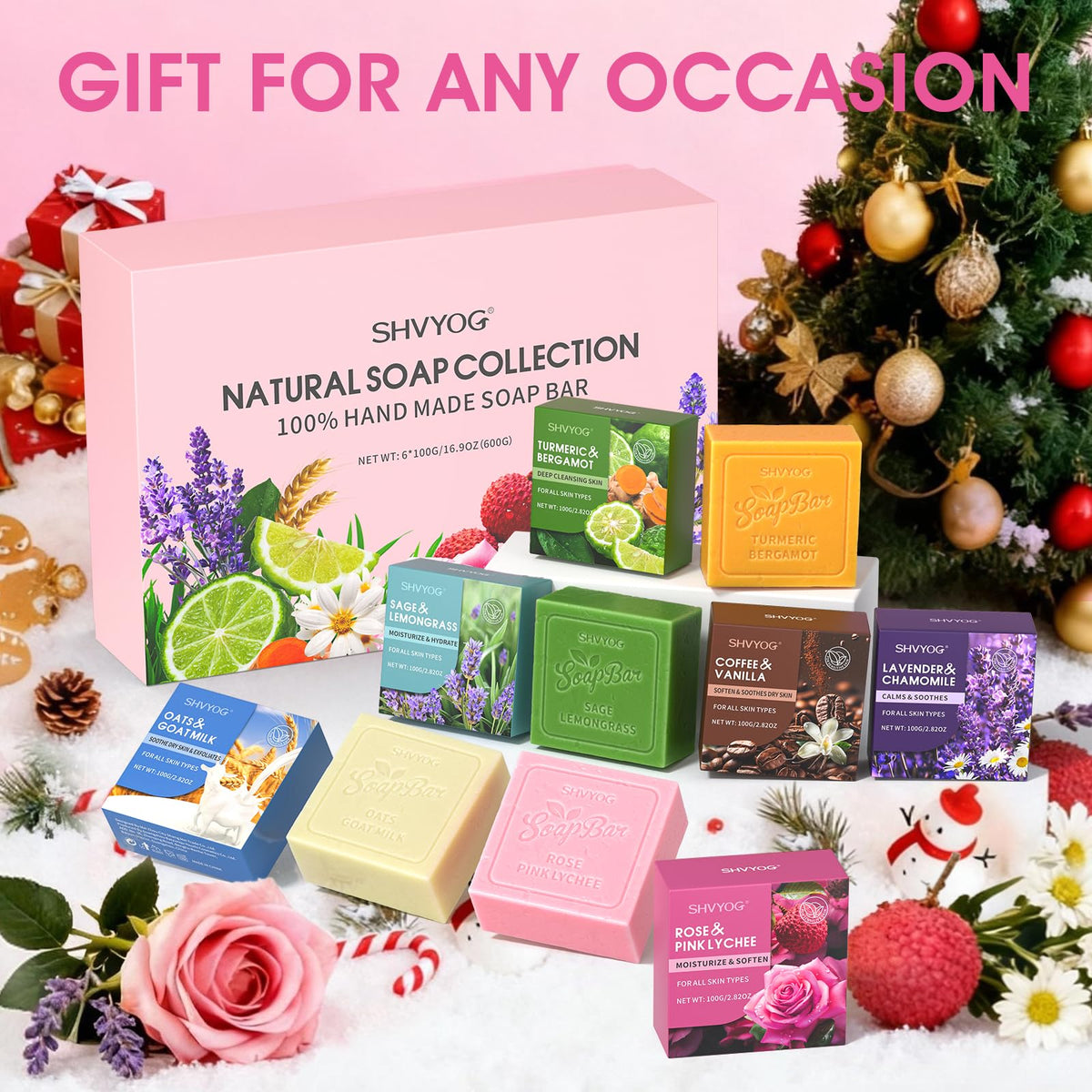 SHVYOG soaps styled on bathroom shelf suggesting indulgent at-home pampering