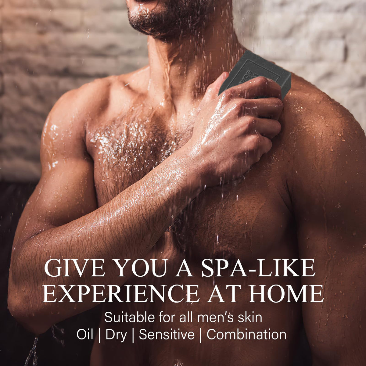 SHVYOG bars arranged on a shower shelf evoking everyday grooming and premium presentation