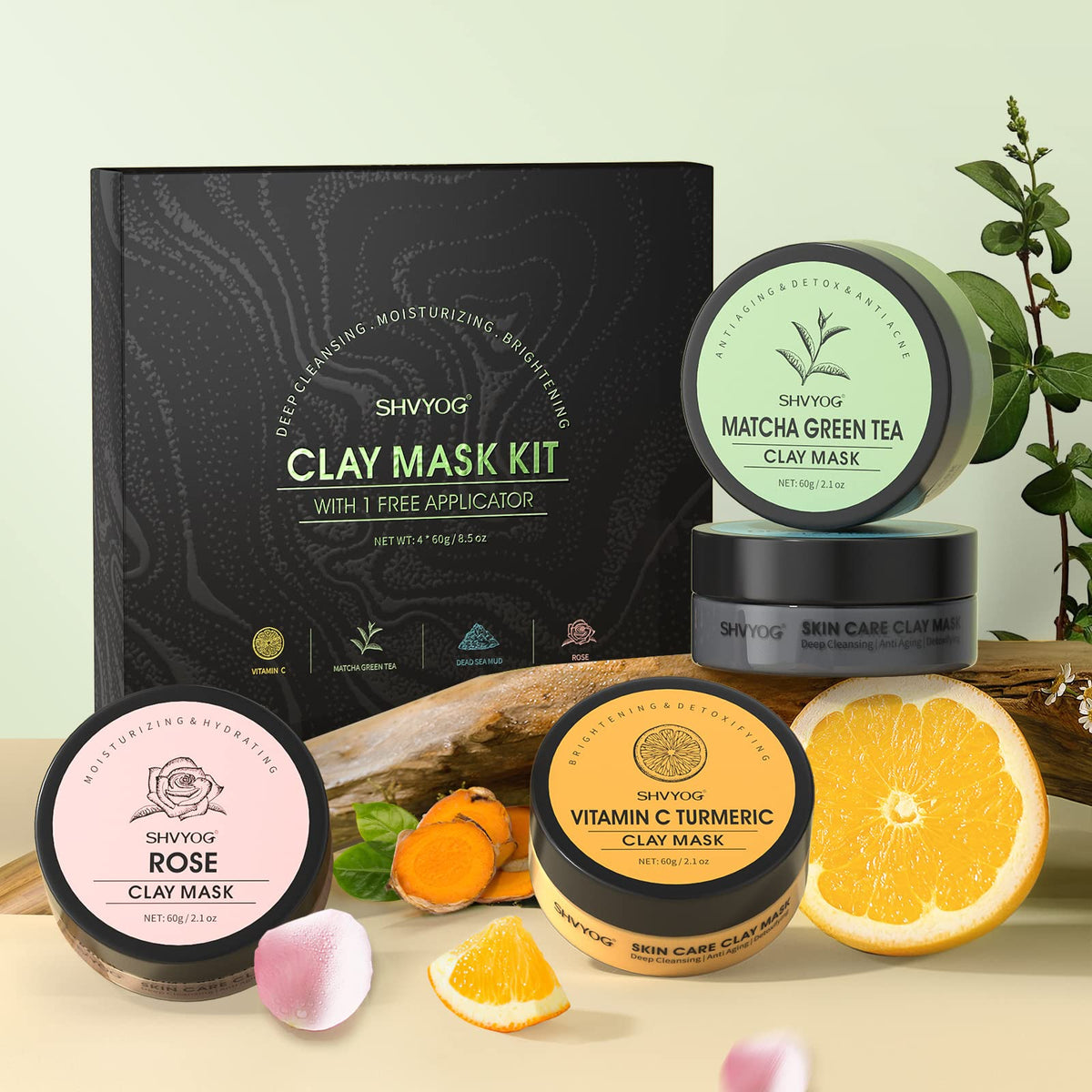 SHVYOG masks with key ingredients flatlay, botanical and mineral focus benefit