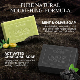 SHVYOG mint olive bar lathering in hand to show fresh cleansing and moisturizing foam