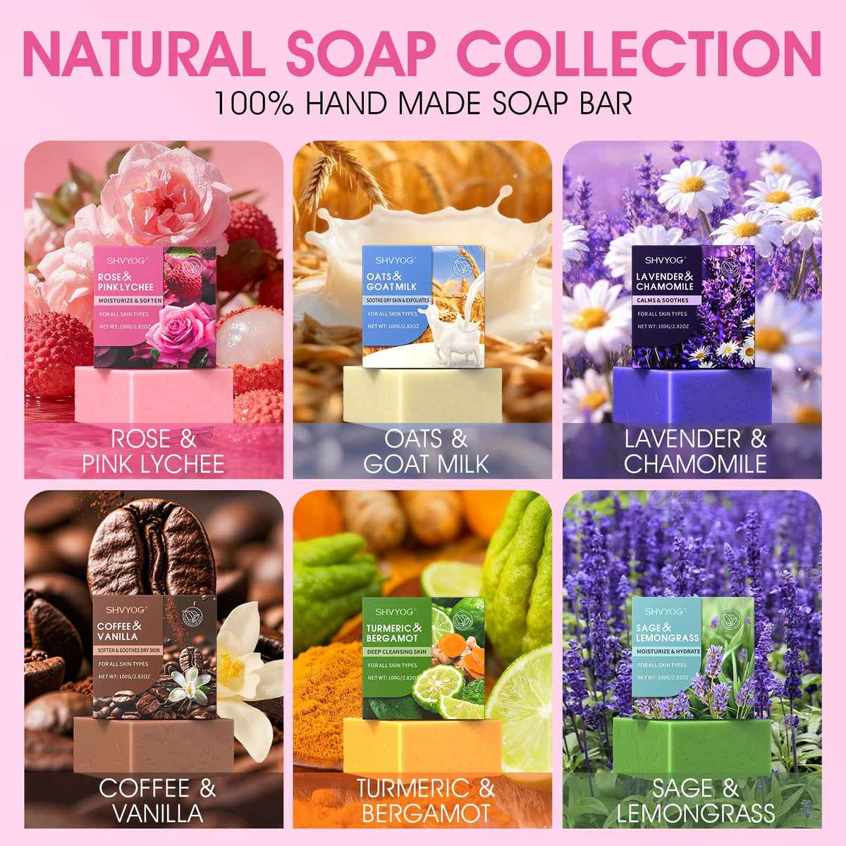SHVYOG six soaps lined up displaying varied scents and organic ingredients