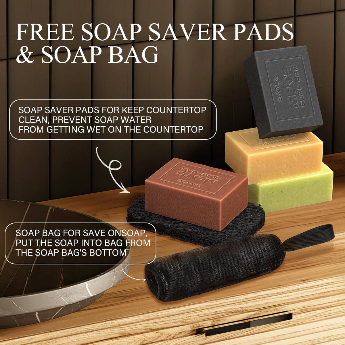 SHVYOG soap bag and pad included with set to extend bar life and improve exfoliation