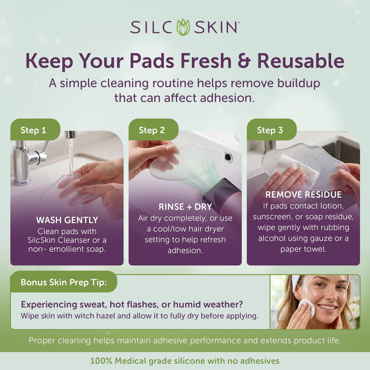 Silc Skin pad applied to model chest illustrating discreet, overnight wear benefit