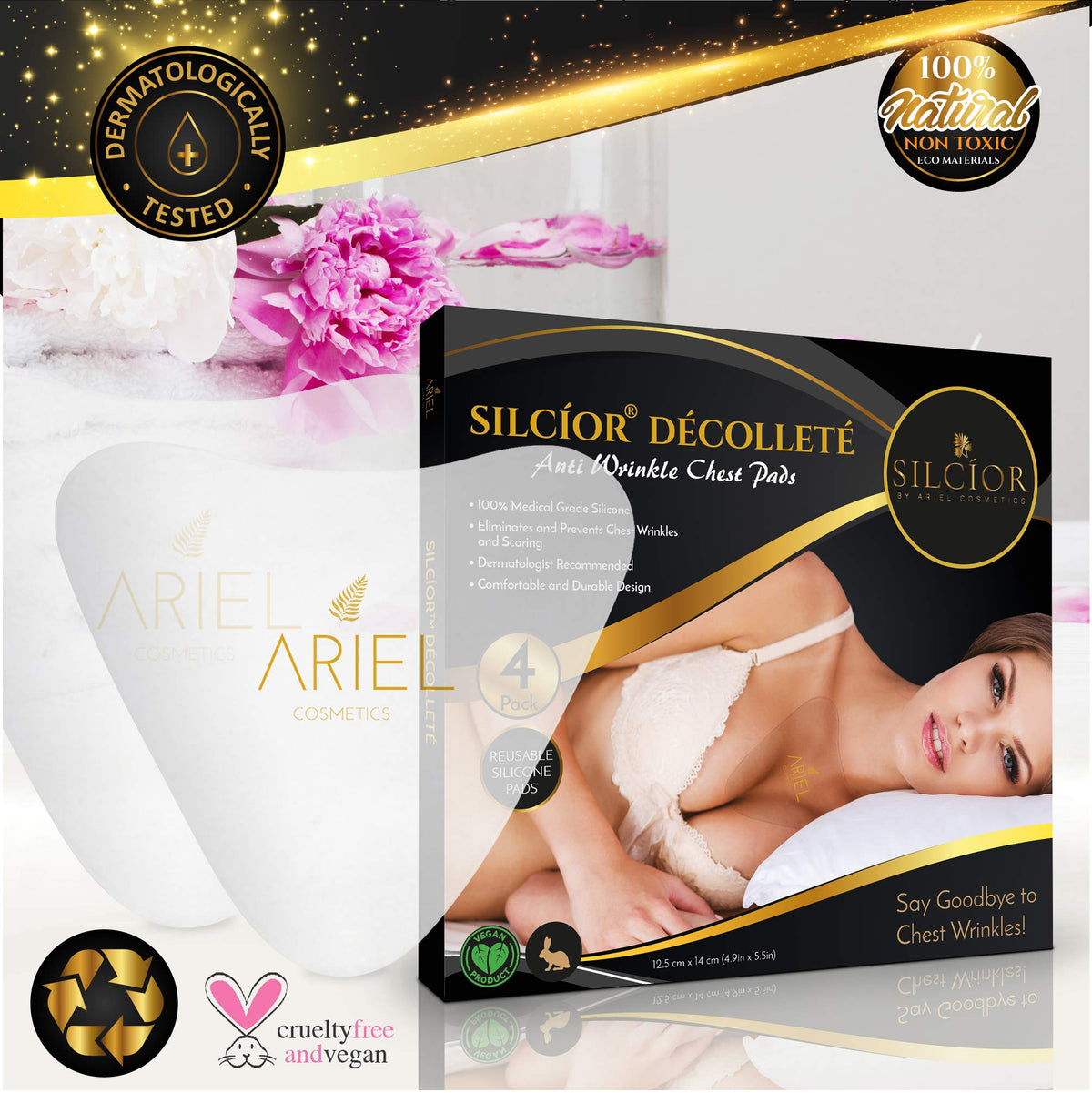 SILCÍOR pad applied to décolletage demonstrating secure overnight wear