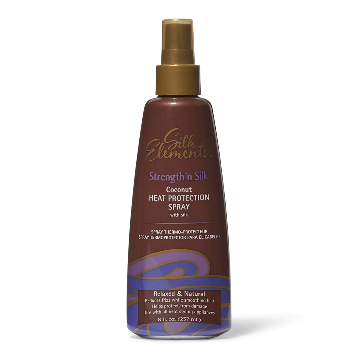 Silk Elements front packaging of coconut heat protection spray showing bottle and label for easy identification and styling convenience
