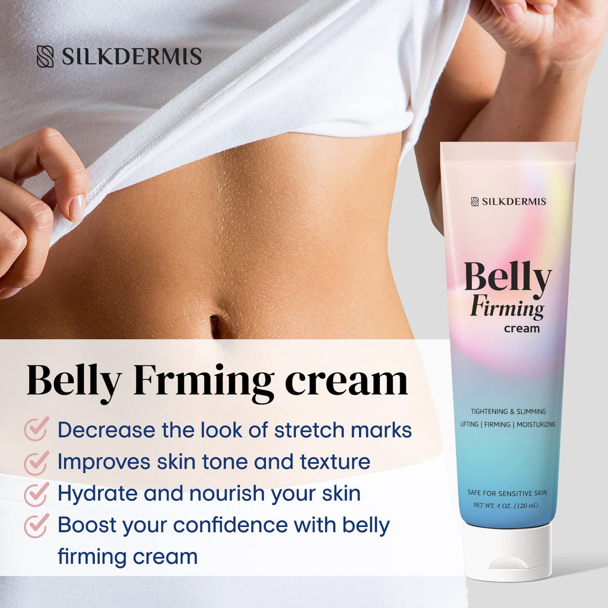 SILKDERMIS tube next to ruler shows the compact 120 ml size for travel and daily use