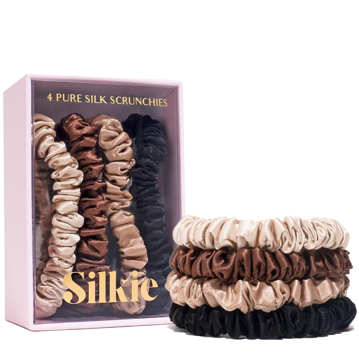 Silkie front packaging showing chocolate skinny scrunchie set and pouch, neat storage benefit