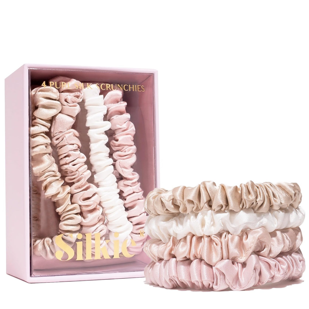 Silkie front view of four nude scrunchies showing neutral tones and neat presentation
