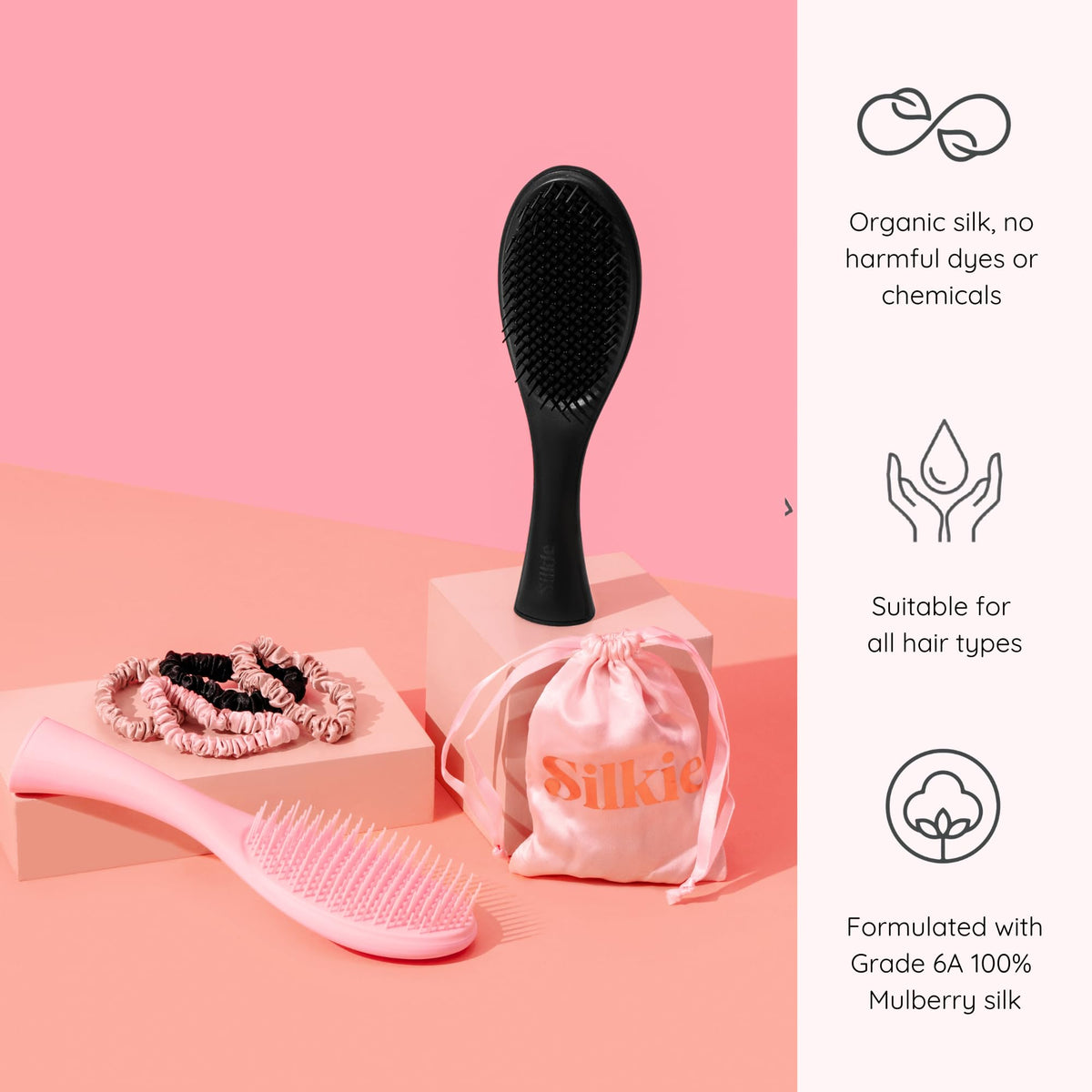 Silkie scrunchies on a vanity with hairbrush showing everyday style and convenience