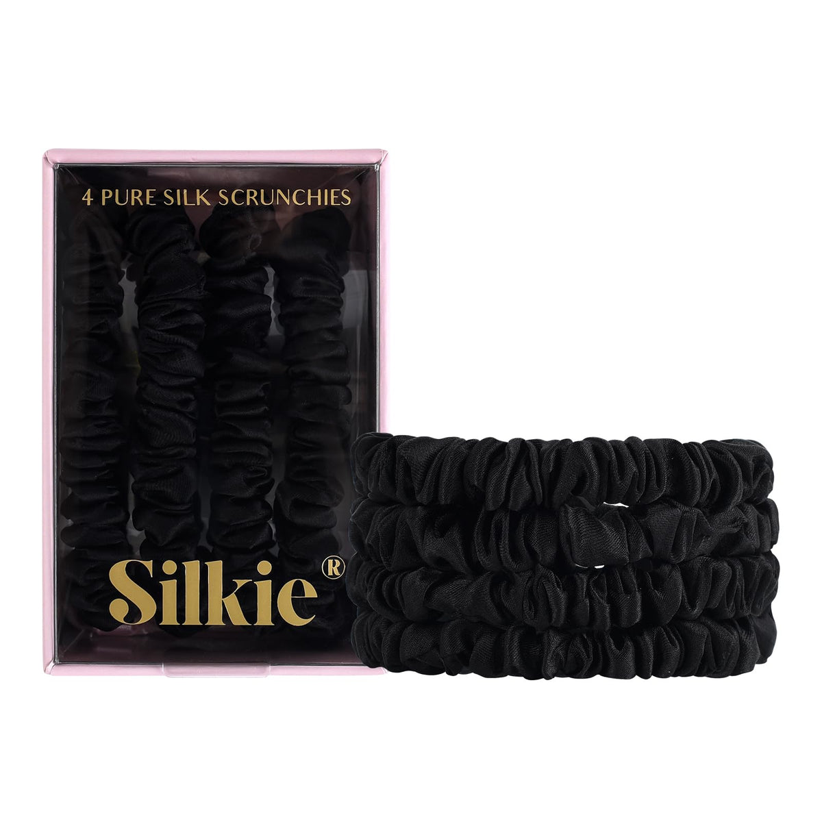 Silkie slim black scrunchies front packaging showing sleek design and protection