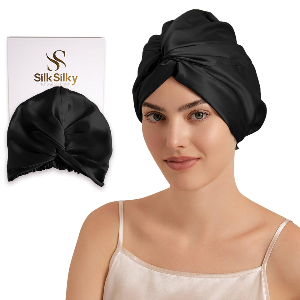 SilkSilky front view of black silk bonnet showing sleek finish and protective benefit