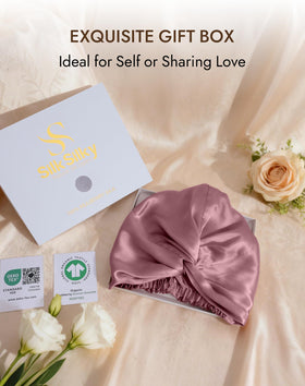 SilkSilky bonnet on bathroom vanity to suggest nightly hair-care routine benefit