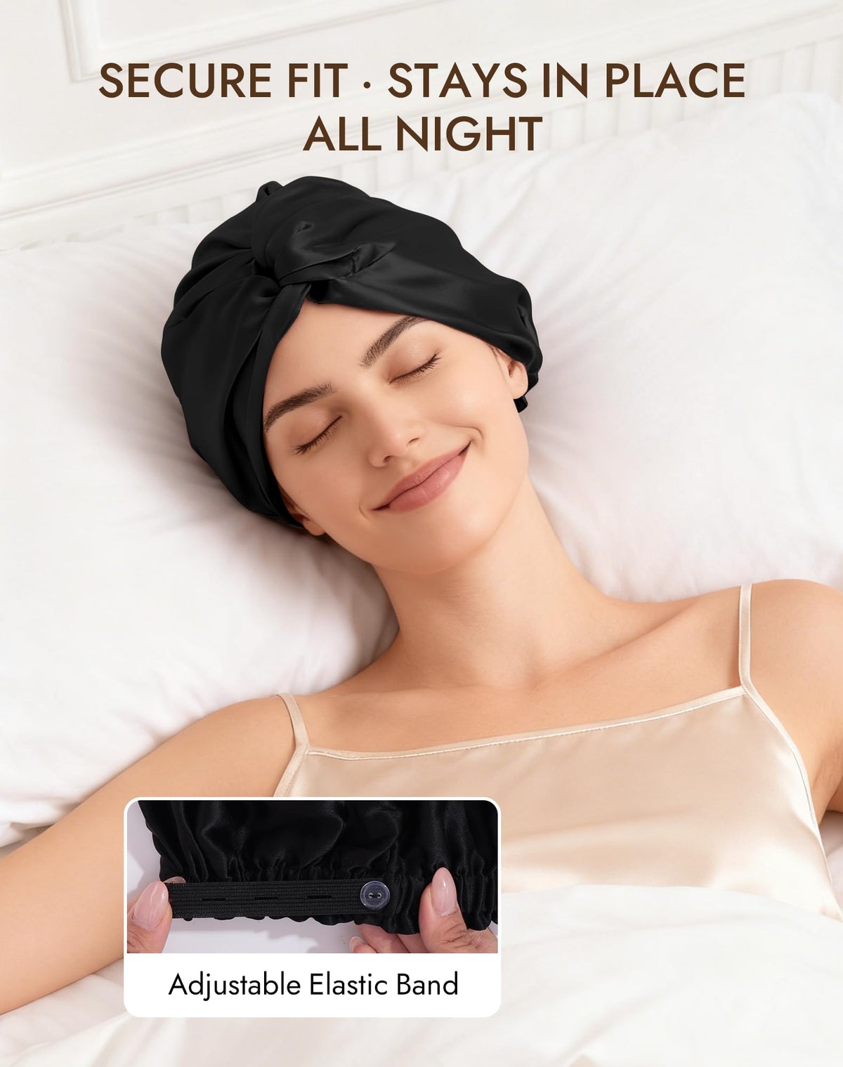 SilkSilky woman wearing bonnet in bed demonstrating comfortable overnight protection