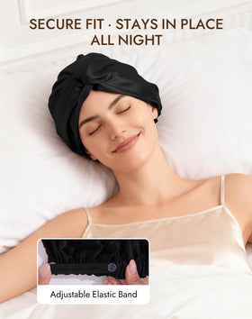 SilkSilky woman wearing bonnet in bed demonstrating comfortable overnight protection