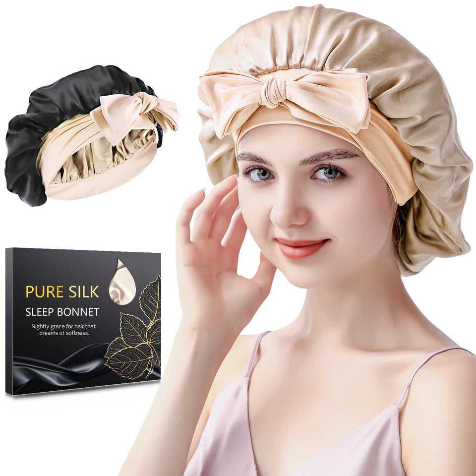 SILMANA front view champagne bonnet shows smooth silk and stylish fit