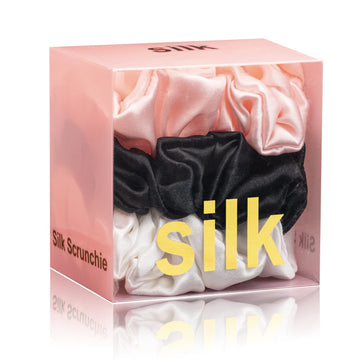 Silmer scrunchies front view showing three colors and neat packaging benefit: elegant accessory