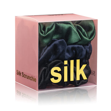 Silmer silk scrunchie front pouch view showing elegant colors and protective benefit