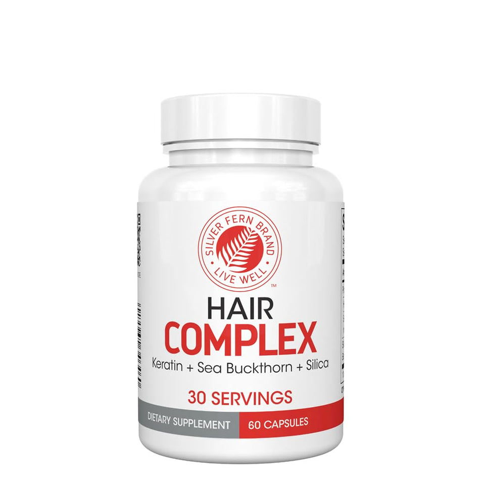 Silver Fern Hair Complex front packaging showing brand and 30-day supply, clear product benefit