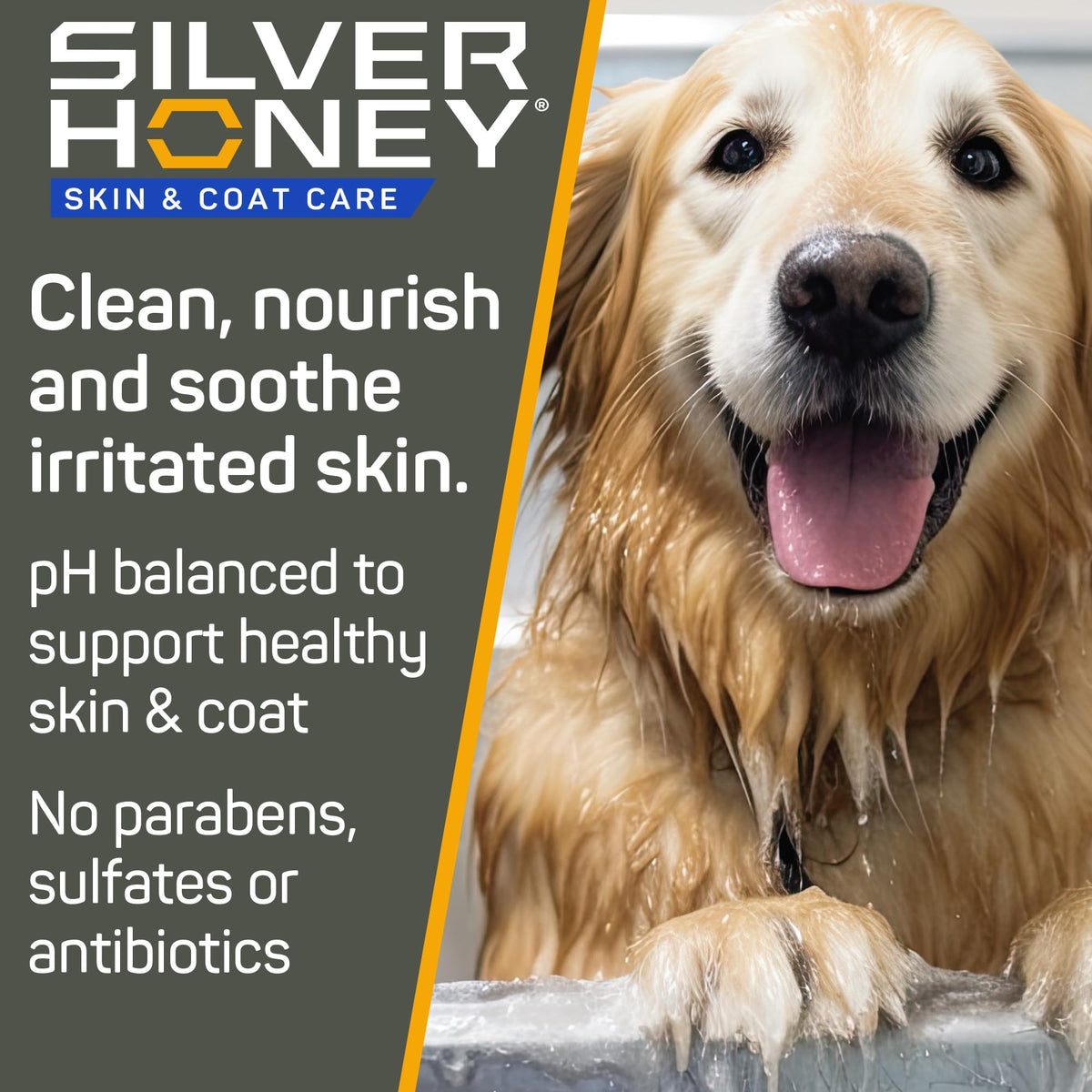 Silver Honey pump dispensing shampoo into hand for controlled use benefit