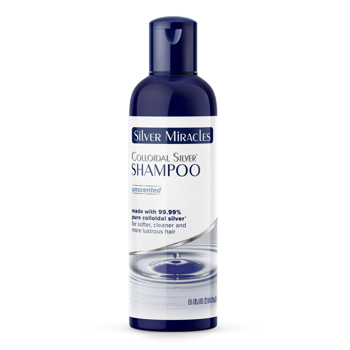 Silver Miracles front bottle view showing label and 8 oz size, clear benefit: gentle cleansing