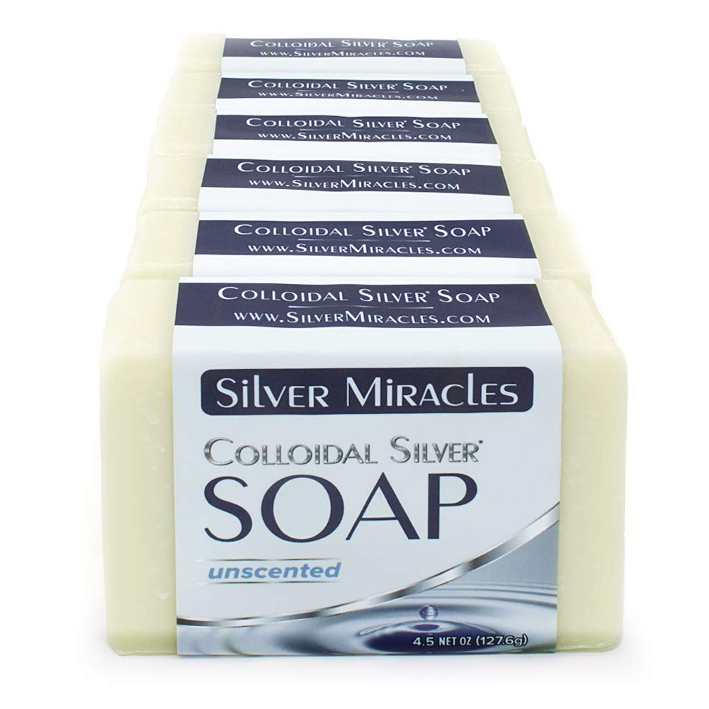 Silver Miracles front packaging showing six unscented soap bars for gentle cleansing