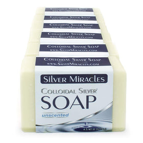 Silver Miracles front packaging showing six unscented soap bars for gentle cleansing