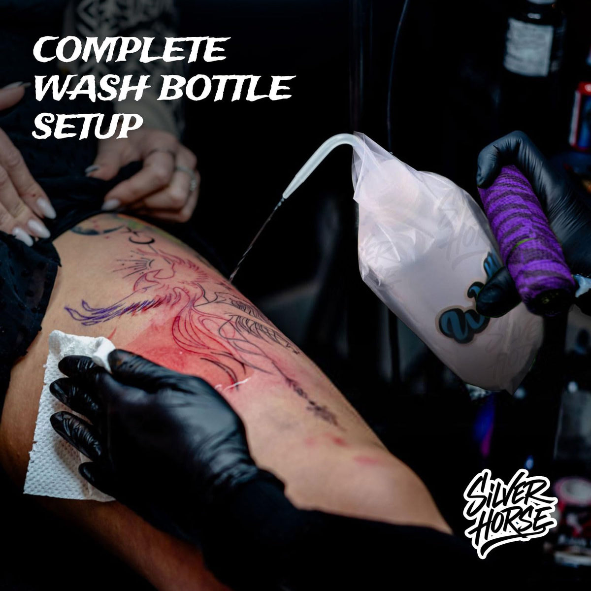 SILVERHORSE bag fitted over a 500ml squeeze bottle illustrating snug fit and sanitary barrier