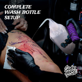 SILVERHORSE bag fitted over a 500ml squeeze bottle illustrating snug fit and sanitary barrier
