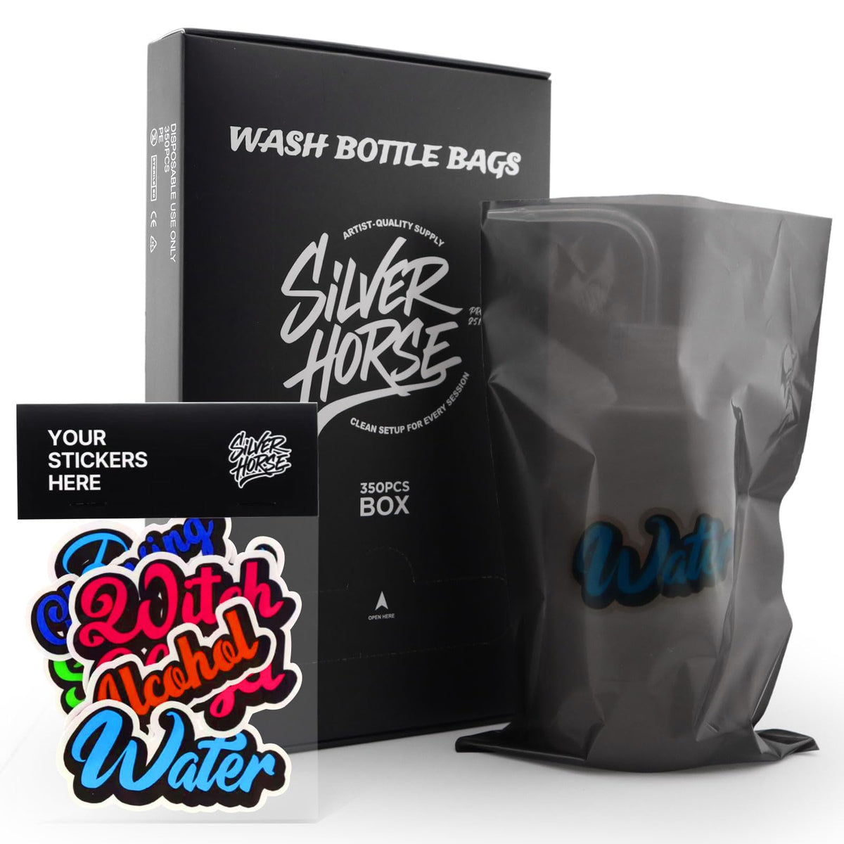 SILVERHORSE front packaging of 350 wash bottle bags showing quantity and black finish for professional hygiene