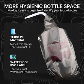 SILVERHORSE in-studio scene with covered bottles demonstrating clean, organized tattoo workstation