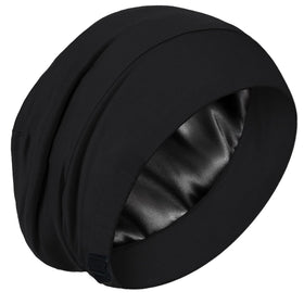 Simapu front view of black silk bonnet showing fit and coverage benefit