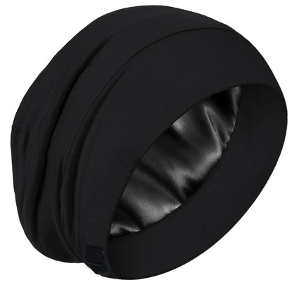 Simapu front view of black silk bonnet showing fit and coverage benefit