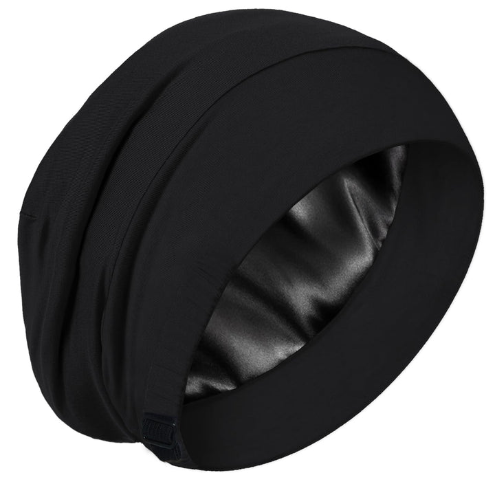 Simapu front view of black silk bonnet showing fit and coverage benefit