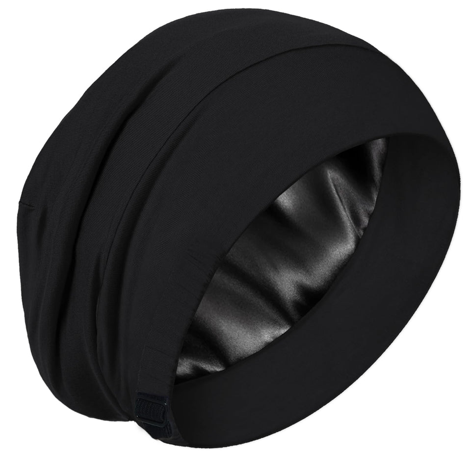 Simapu front view of black silk bonnet showing fit and coverage benefit