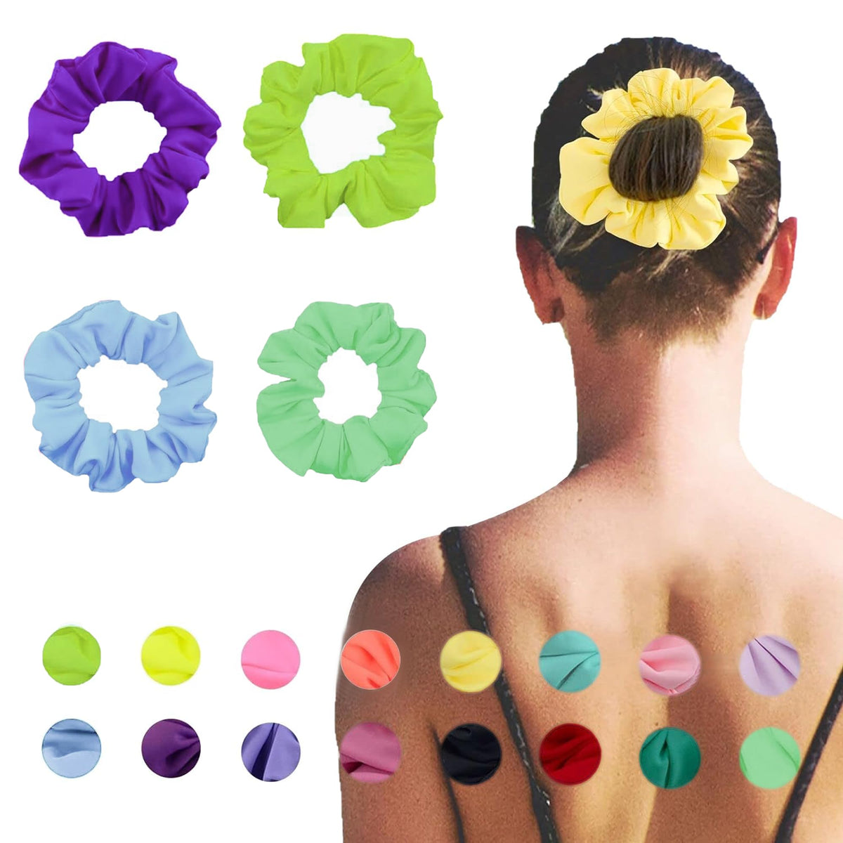 Simnice front view of 16-color scrunchie set showing variety and convenience