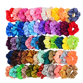Simnice satin scrunchies front packaging showing 60-color assortment and neat display
