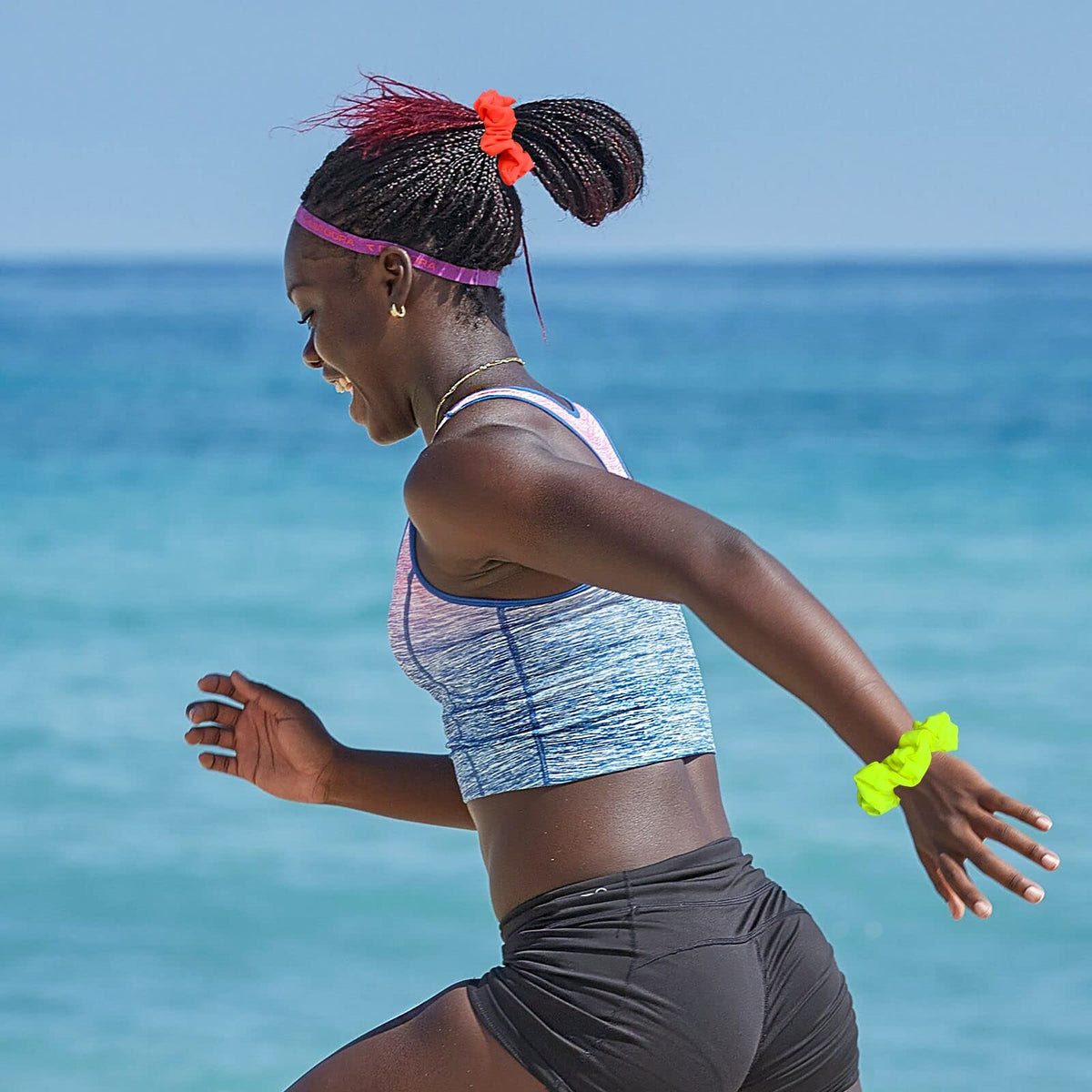 Simnice scrunchie worn on wrist as accessory and easy carry benefit